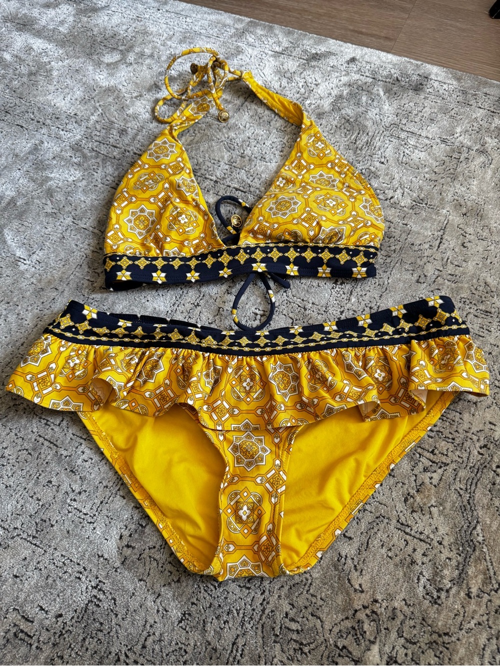 Juicy Couture Beach Royalty Yellow Tile Print Ruffle Bikini Set Size Large Y2K